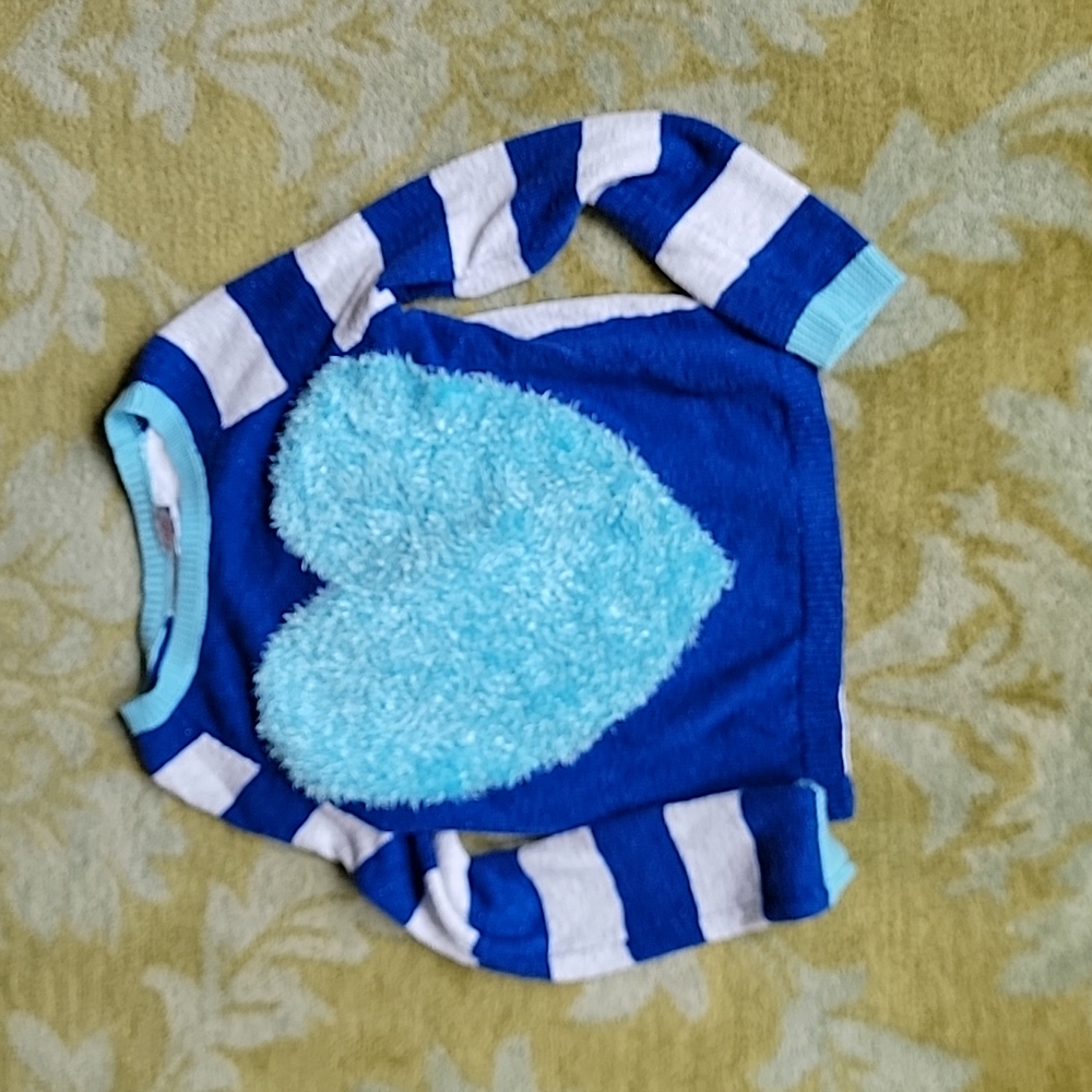Justice blue and white striped sweater with aqua trim and fuzzy heart - 14